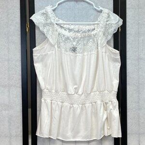 Sam & Max Wide Lace Cap Sleeve Boho Gathered Neck Peplum Waist Knit Top White L